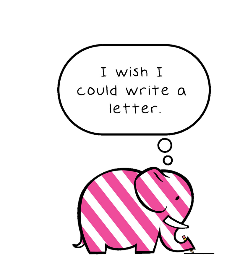 A striped elephant holding a pen, thinking: I wish I could write a letter.